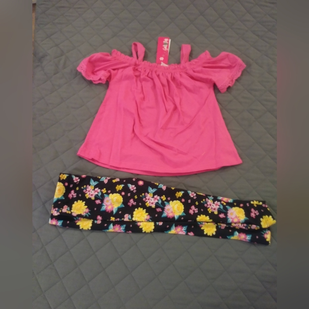 Pink Off-Shoulder Top and Floral Leggings Set